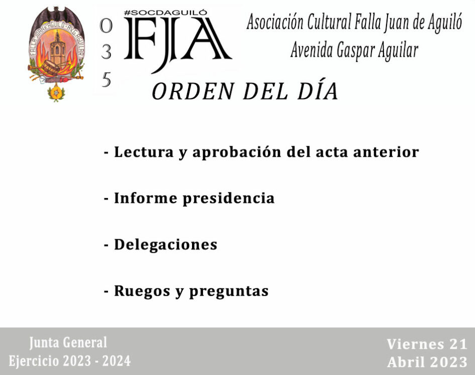 Orden del día - Junta General Falla Juan de Aguiló